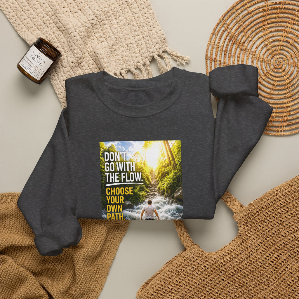 Crewneck Sweatshirt — "Don't Go With The Flow, Choose Your Own Path" Motivational River Design
