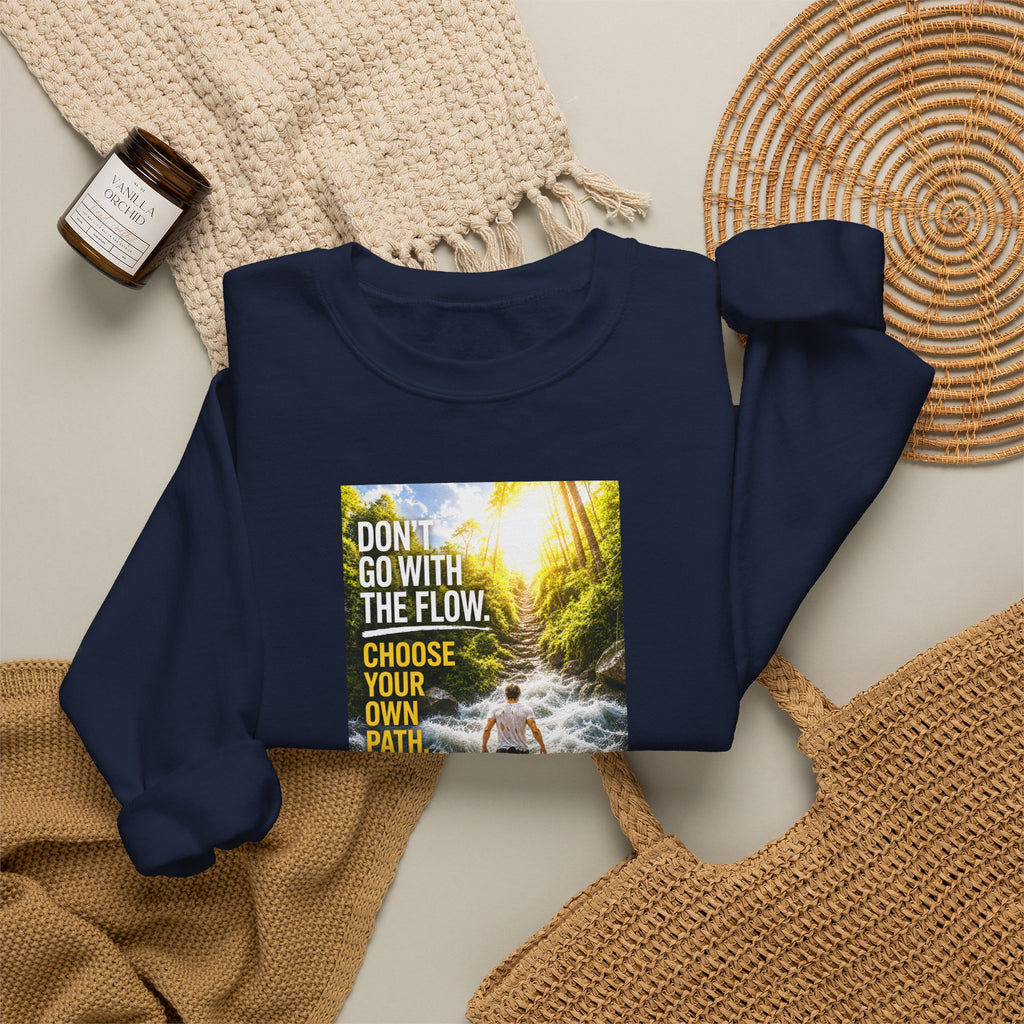 Crewneck Sweatshirt — "Don't Go With The Flow, Choose Your Own Path" Motivational River Design